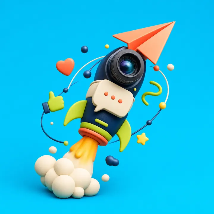 Playful 3D content rocket built from a camera and a paper plane