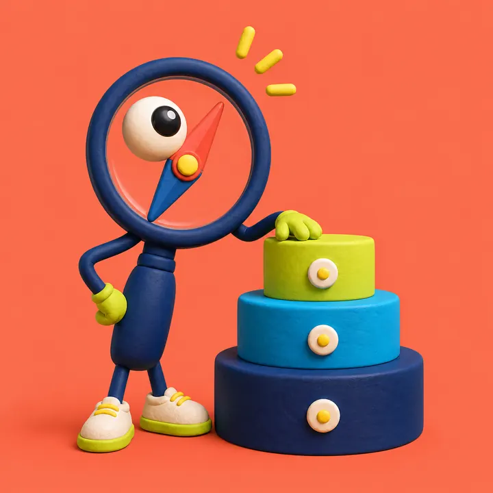 Playful 3D search scout beside three ranking steps