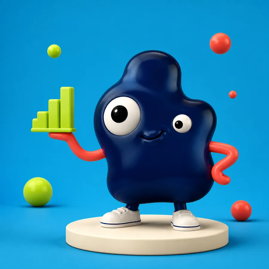 Mindy, Rankers Mind's playful growth mascot, holding a rising chart